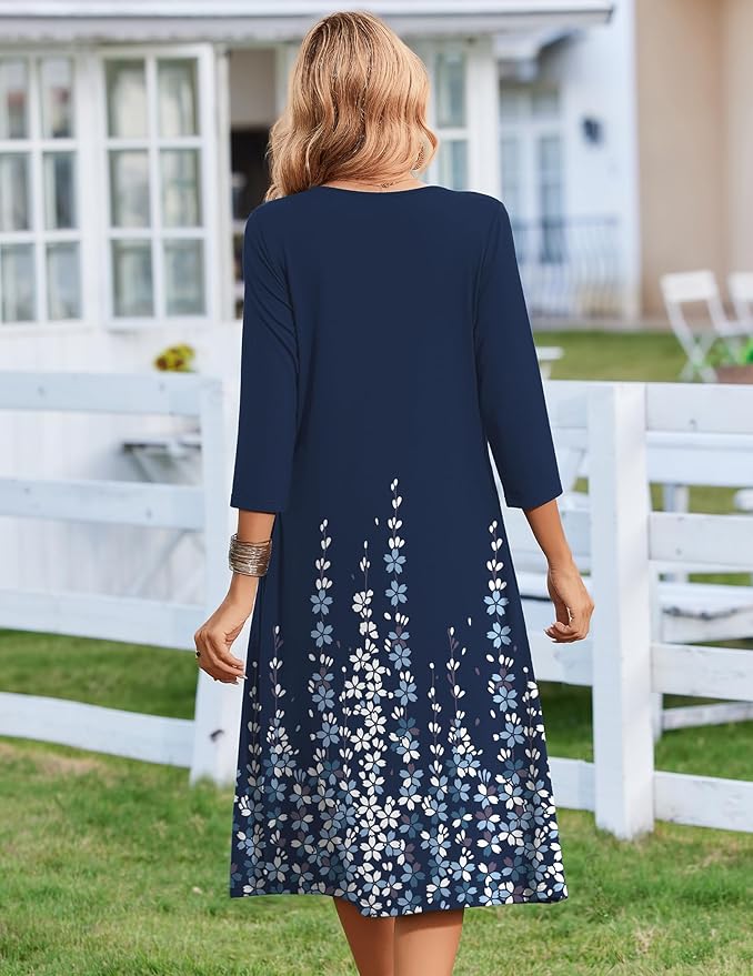 ZEAGOO 3/4 Sleeve Women's Dress Casual Flowy A-Line Midi Tshirt Dresses with Pocket Empire Waist Summer Boho Beach Sundress
