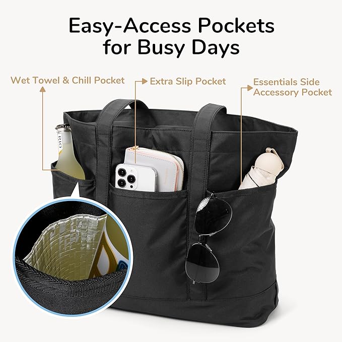 Women Work Tote, Daily Commute, Office Tote, with Laptop Sleeve, Zipper Closure, with Silver Foil Pocket, Easy Access Multiple Pockets, Large Size 22L