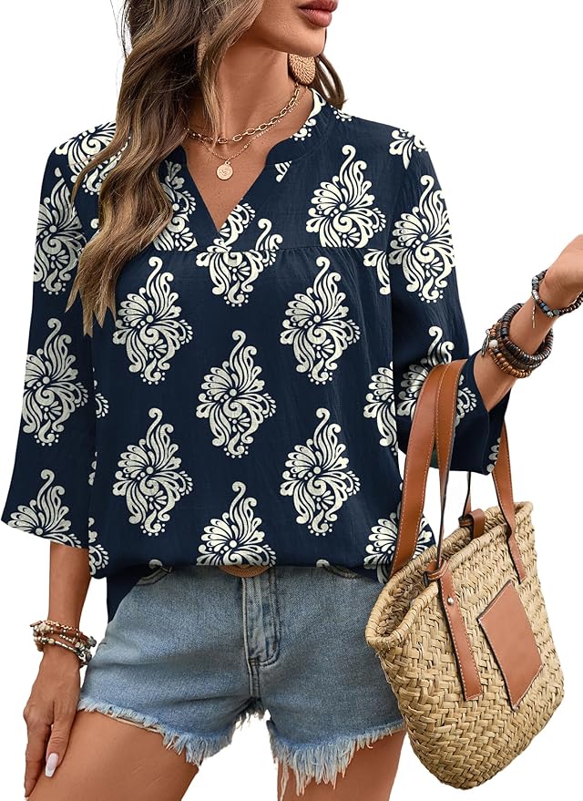 Rapbin Womens 3/4 Sleeve V Neck Floral Print Pleated Blouses for Women Dressy Casual Loose Fit Tops