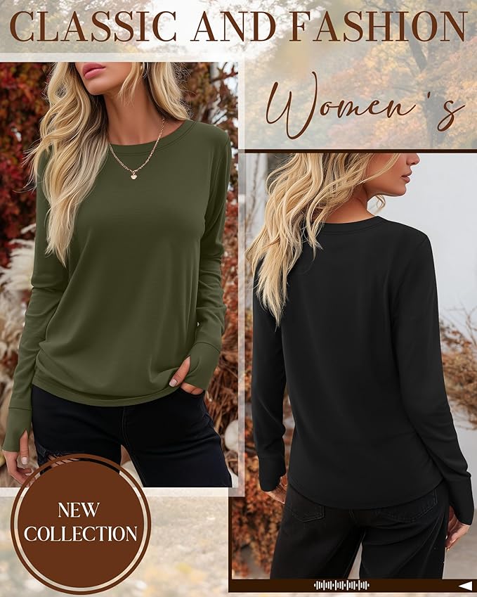 Huukeay 3 Pack Women's Long Sleeve Shirts with Thumb Holes, Cotton Casual Crew Neck Tunic Tops Fall Loose Y2k Trendy Outfits