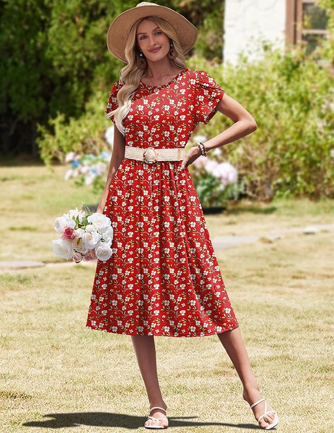 HOTOUCH Women's Summer A-Line Midi Dresses 2026 Casual Floral Short Sleeve T-Shirt Dress Flowy Beach Sundress with Pockets