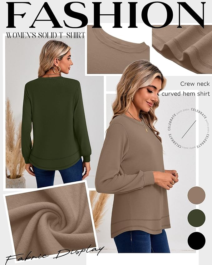Ficerd 3 Pack Women's Long Sleeve Shirts, Cotton Crew Neck Tunic Tops Casual Loose Fit Pullover Sweatshirts Curved Hem Shirts