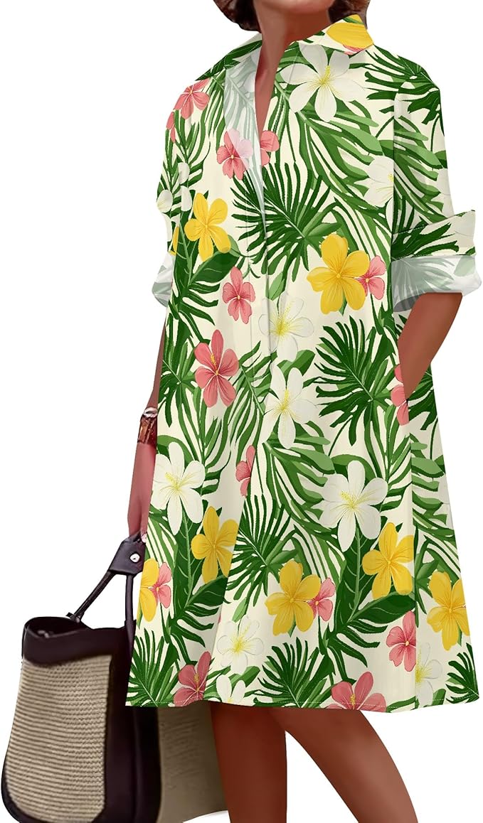 Shirt Dresses for Women 2025 Summer Long Sleeve Casual Plus Size Floral Printed Beach Vacation Dress with Pockets