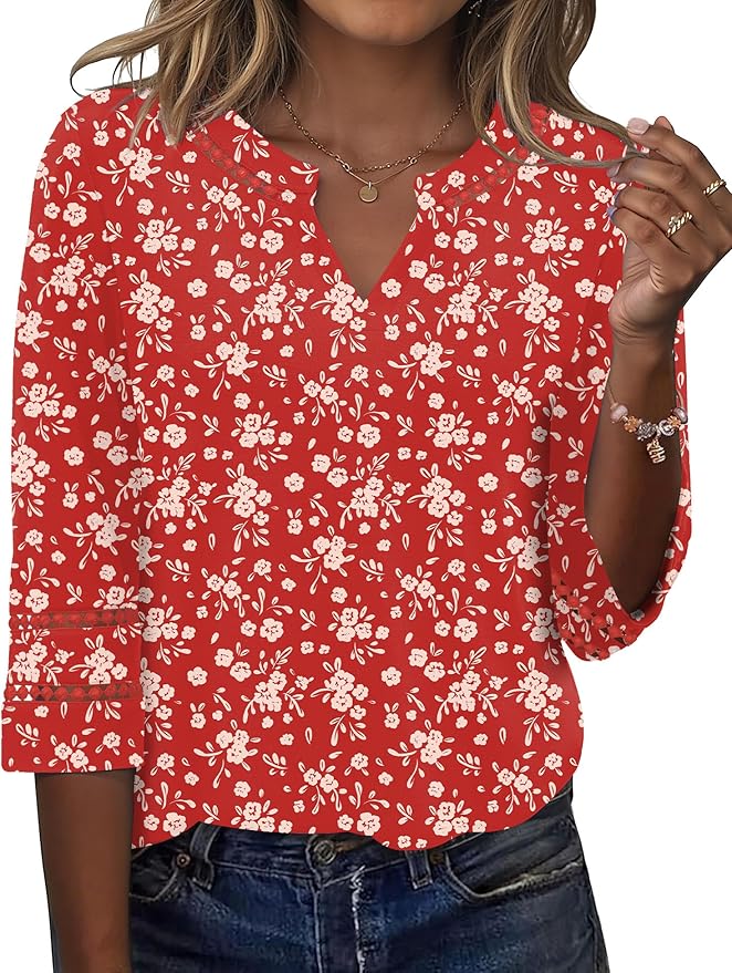 Ivicoer 3/4 Length Sleeve Womens Tops V Neck Lace Embroidered Summer Blouses Loose Fit Tunic Dressy Casual