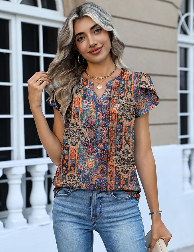 Zeagoo Womens Tops Dressy Casual Textured Blouses Cap Short Sleeve Shirts V Neck Button Up Summer Spring Work Tshirt Clothes