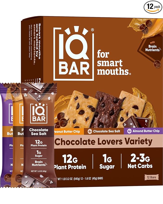IQBAR Plant Protein Bars - Chocolate Lovers Variety - Keto, Vegan, Low Carb, High Fiber, Gluten/Dairy Free, Low Sugar Snack with Nutrients for Focus, Energy, Meal Replacement 12-Count