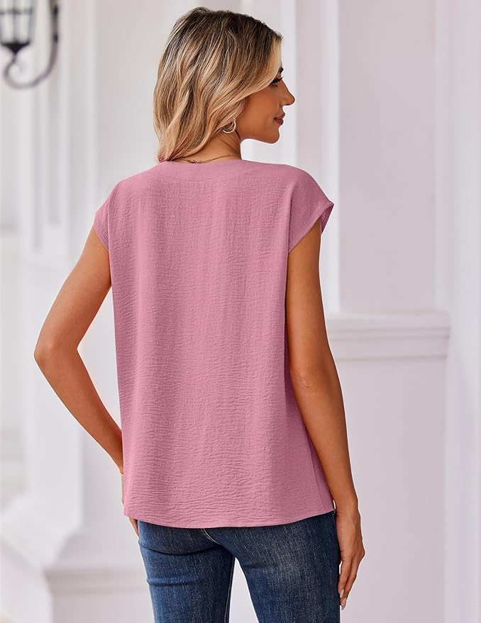 Zeagoo Womens Tops Cap Short Sleeve Textured Blouse V Neck Summer Spring Shirts Business Casual Outfits