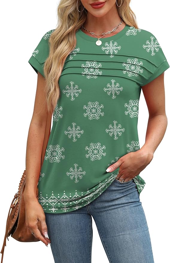 WEESO Womens Summer Tops Trendy 2026 Cap Sleeve T Shirts Crew Neck Pleated Front Beach Vacation Clothes Fashion