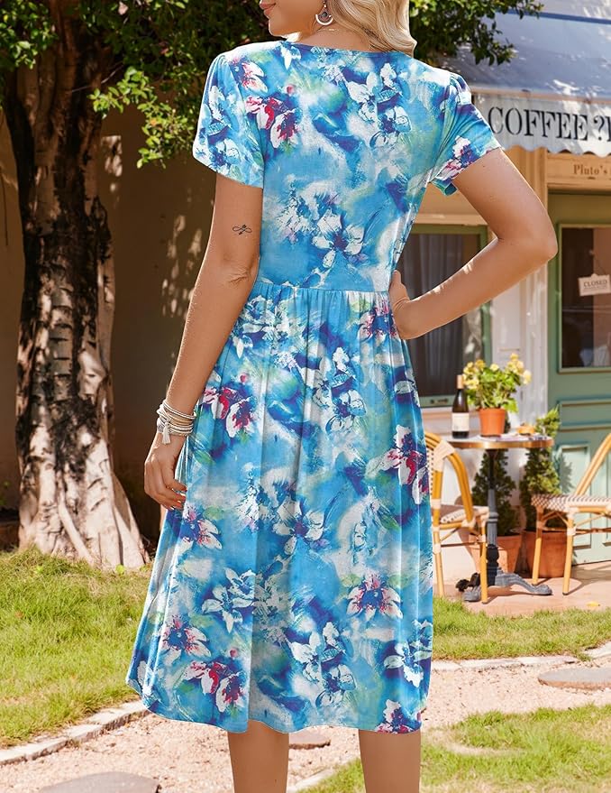 HOTOUCH Women's Summer A-Line Midi Dresses 2026 Casual Floral Short Sleeve T-Shirt Dress Flowy Beach Sundress with Pockets