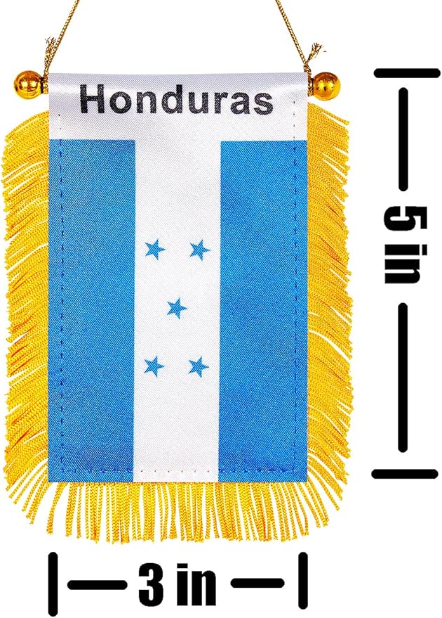 ZXvZYT 3 X 5 Inch Honduras Window Hanging Flag Honduran Small Mini Car Flags Banners Rearview Mirror Decoration - with Suction Cup & Golden Fringy Banner(2 Pack)