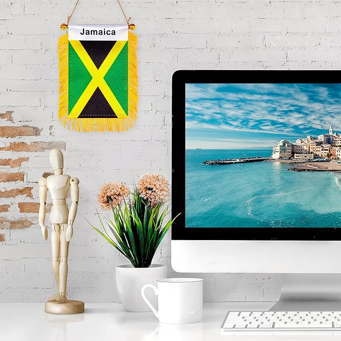 ZXvZYT 3 X 5 Inch Jamaica Window Hanging Flag Jamaican Small Mini Car Flags Banners Rearview Mirror Decoration - with Suction Cup & Golden Fringy Banner(2 Pack)