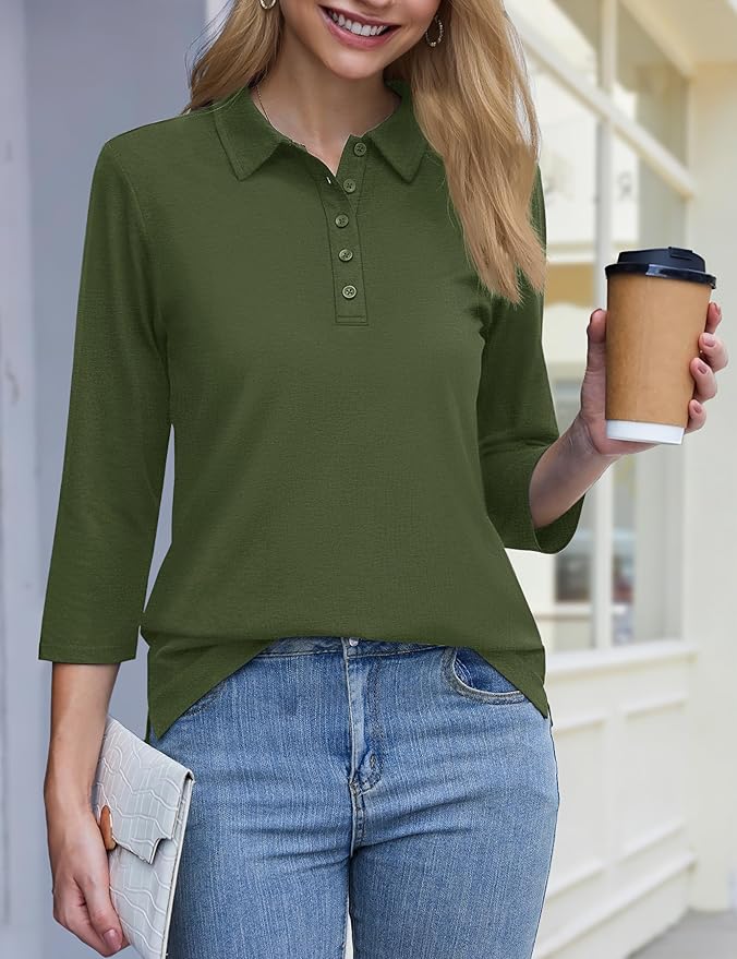 YUCOLEN Polo Shirts for Women 3/4 Sleeve Tops Golf Tees 5-Button Collared Cotton Shirt Business Casual