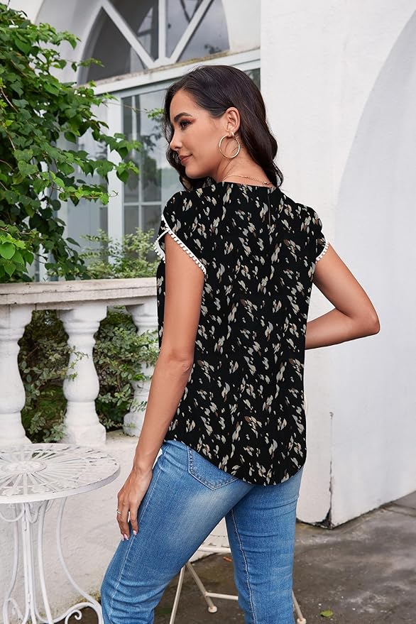 TASAMO Women's Casual Round Neck Basic Pleated Top Cap Sleeve Curved Keyhole Back Chiffon Blouse