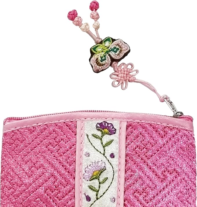 Seoulful Vintage Korean Embroidered Card Pouch - Wildflower Design Coin Purse with Butterfly Charm - Traditional Korean New Year's Gifts (Light Pink)