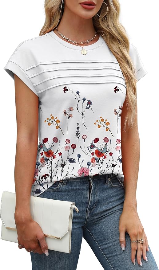 WEESO Womens Summer Tops Trendy 2026 Cap Sleeve T Shirts Crew Neck Pleated Front Beach Vacation Clothes Fashion