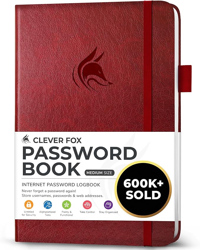 Clever Fox Password Book with alphabetical tabs. Internet Address Organizer Logbook. Medium Password Keeper for Website Logins (Wine Red)