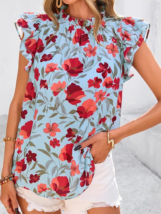 PRETTYGARDEN Women's Ruffle Short Sleeve Summer Tops 2026 Trendy Floral Trim Neck Casual Dressy Chiffon Boho Blouses Shirts
