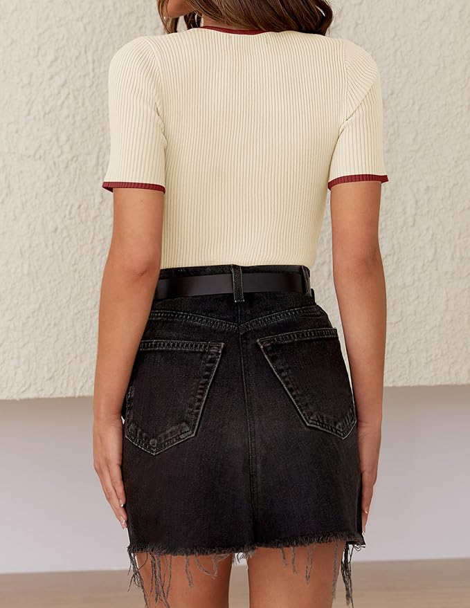 ZESICA Women's Short Sleeve Sweater Tops 2026 Summer Crewneck T Shirt Ribbed Knit Slim Fit Basic Solid Color Tee