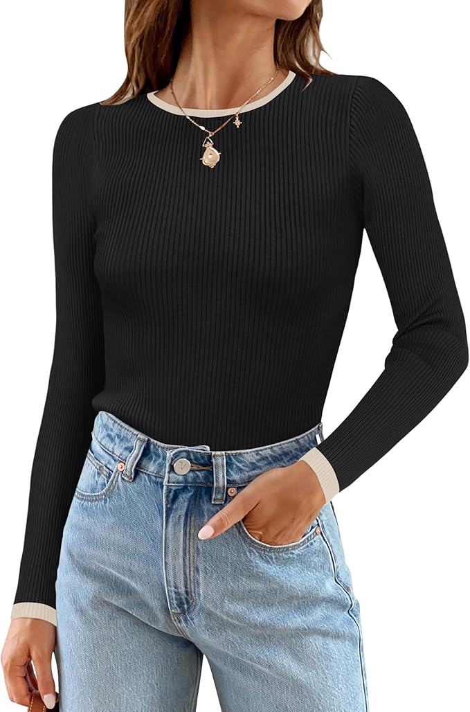 ZESICA Women's Long Sleeve Crewneck Shirts 2026 Fall Ribbed Knit Sweater Slim Fitted Casual Basic Tee Tops