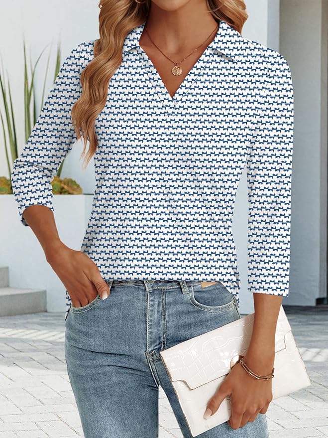3/4 Length Sleeve Womens Tops Dressy Casual V Neck Polo Shirts Business Work Blouses 2025 Trendy Tunic Top