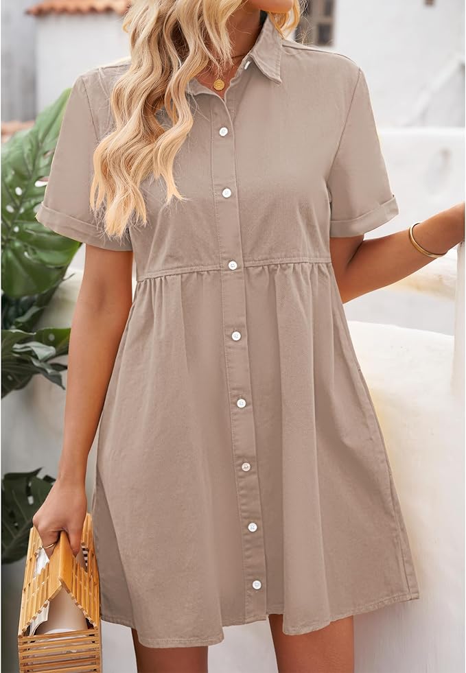 LookbookStore Women's Short Sleeve Button Down Flowy Tiered Babydoll Denim Dress