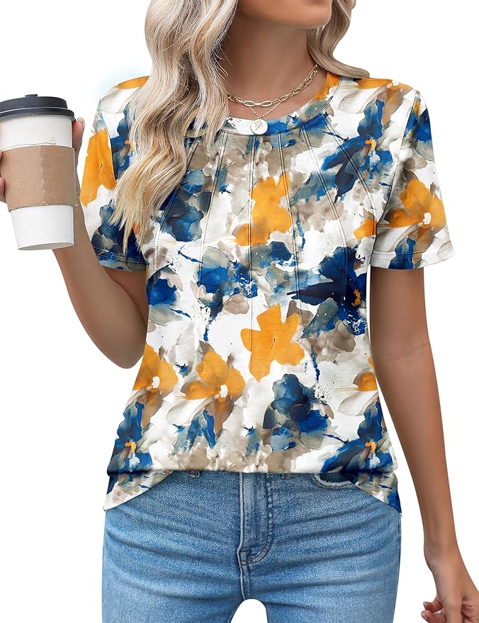 Kistore Womens Casual Crew Neck Short Sleeve Pleated Tops Blouses Fashion Clothes 2026