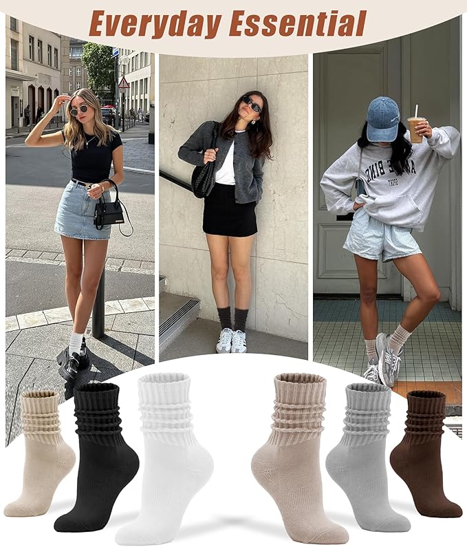 AugRing Women's Cute Scrunch Slouch Crew Socks 3Pack Retro Kawaii Chunky Ribbed Cotton Boot Sneaker Cozy Calf Socks Size 5–11
