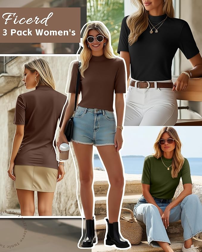 Ficerd 3 Pack Women's 1/2 Sleeve Mock Turtleneck Shirts, Elbow Length Shirt Half Sleeve Tunic Top Casual Summer Basic Tees