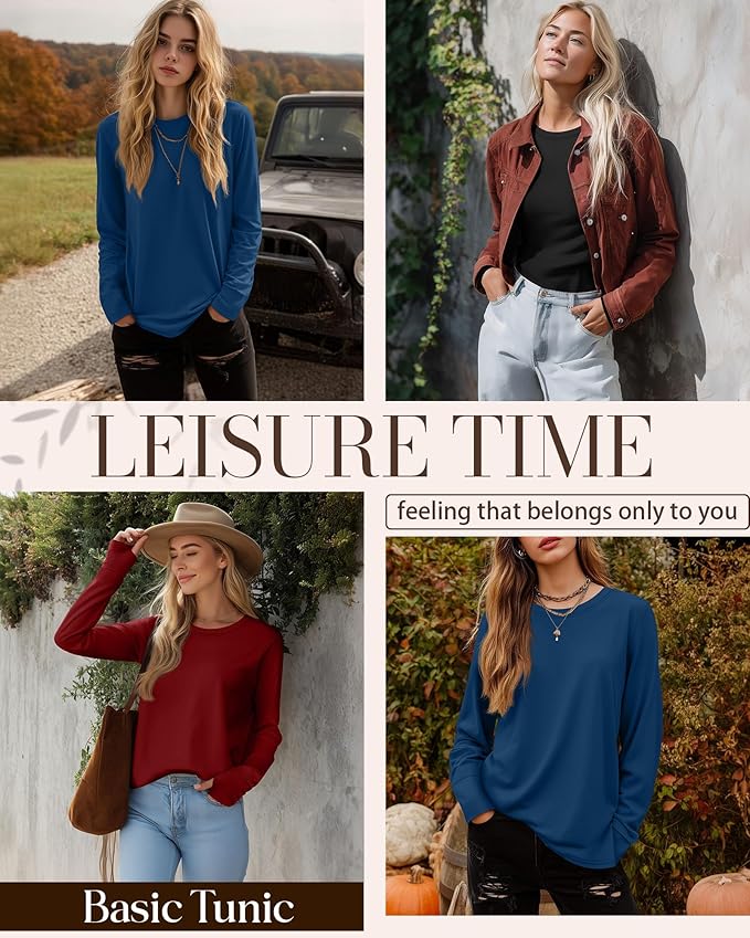 Huukeay 3 Pack Women's Long Sleeve Shirts with Thumb Holes, Cotton Casual Crew Neck Tunic Tops Fall Loose Y2k Trendy Outfits
