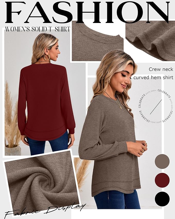 Ficerd 3 Pack Women's Long Sleeve Shirts, Cotton Crew Neck Tunic Tops Casual Loose Fit Pullover Sweatshirts Curved Hem Shirts