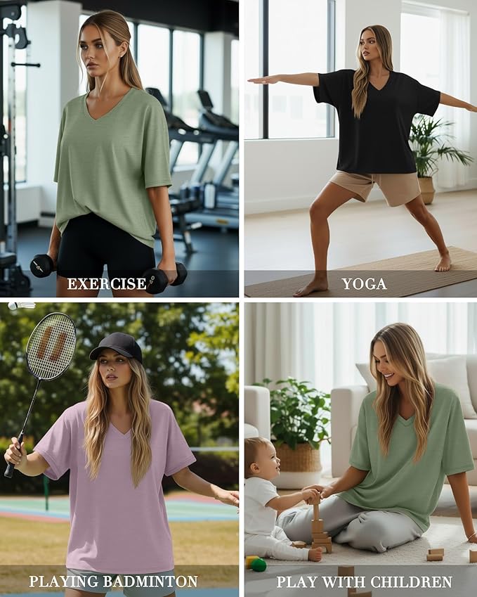 Huukeay Women's Cotton Oversized T Shirts 3 Pack V Neck Loose Fit Half Sleeve Tops Baggy Casual Summer Gym Workout Tees 2026