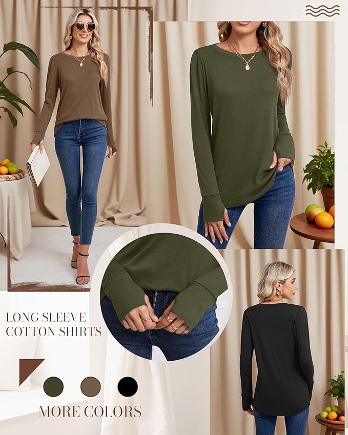 Huukeay 3 Pack Women's Long Sleeve Shirts with Thumb Holes, Cotton Casual Crew Neck Tunic Tops Fall Loose Y2k Trendy Outfits