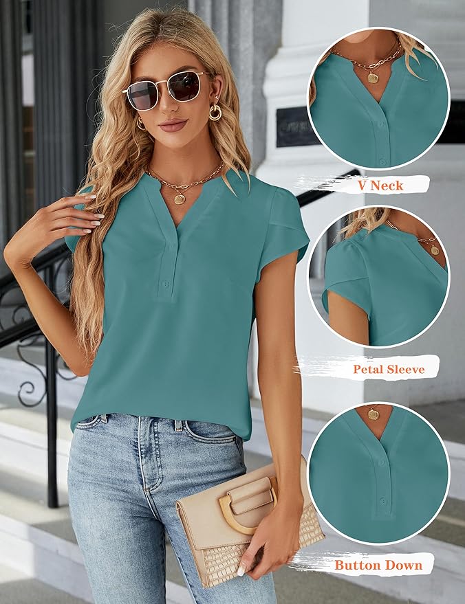 Blooming Jelly Women's Dressy Casual Tops Business Work Blouses White Button Down Shirts Cap Sleeve V Neck Tshirt