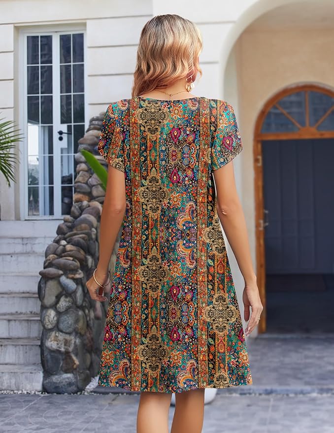 Zeagoo Women's Casual Dresses with Pockets Summer Floral V-Neck A-Line Tshirt Dress Short Sleeve Mini Dress Beach Sundress