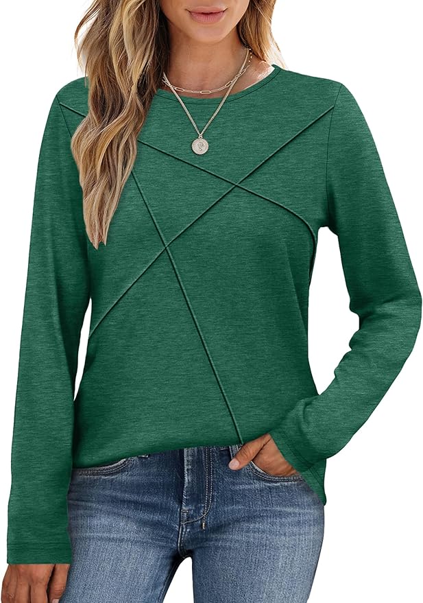 XIEERDUO Long Sleeve Shirts for Women Business Casual Tops Trendy Crewneck Fall T Shirts Pleated Loose Fit