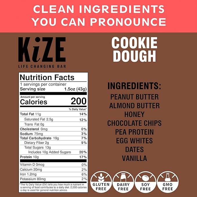 KiZE Energy Bars - Cookie Dough - 30-Count - Gluten Free, Dairy Free, Non-GMO, and High Protein Meal Replacement Energy Bars, Clean and Simple Food Ingredients - 10g High Protein Snacks (30 Count)
