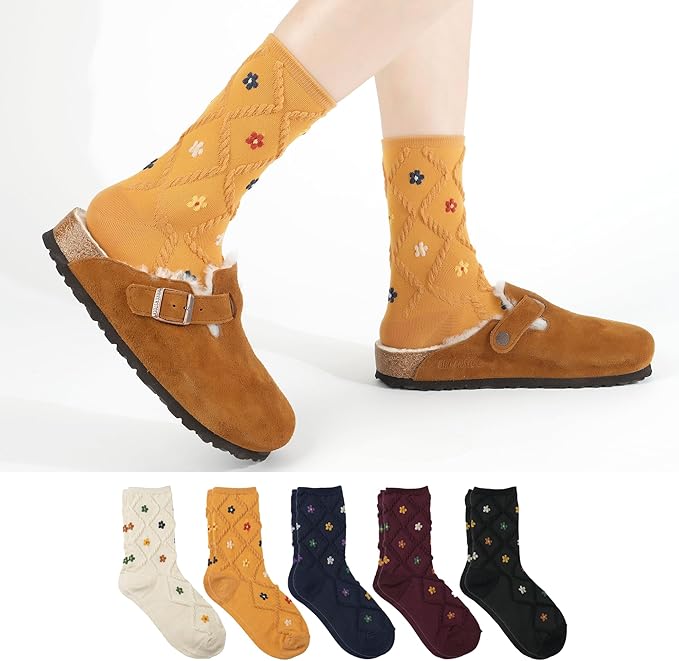 Kikiya Women's Cotton Crew Socks - Cute Flower Graphic Polka Dot Striped Heart Patterned - Ladies Girls Casual Socks Size 6-8