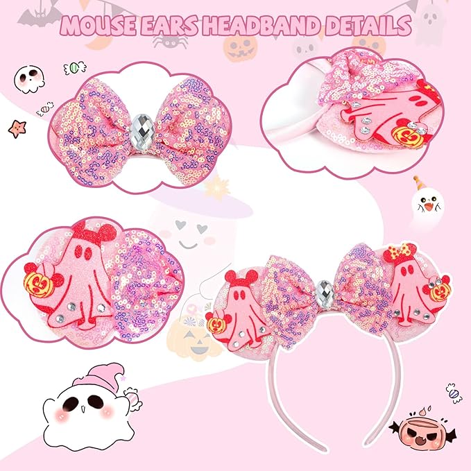 ETLUK Halloween Ears Headband - Pink Sequin Bow with Ghost & Pumpkin for Women Girls, Halloween Mouse Ears Accessories for Party Cosplay Costume