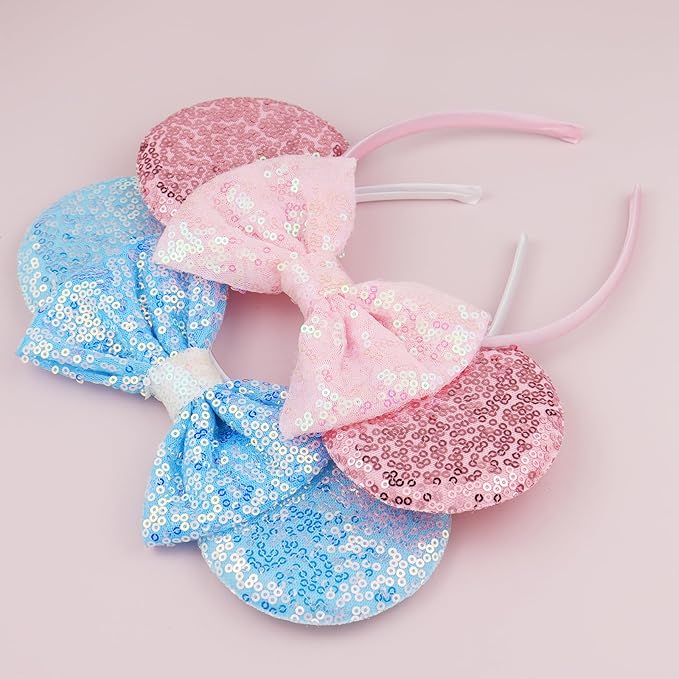 LIHELEI Mouse Ears Headband for Princess, Pink Headbands for Women Halloween Costume, Sequin Bows Headwear Hair Accessories -2 pack Blue+Pink