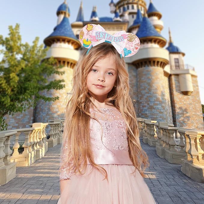 HAMUTH Mouse Ear Headband, Birthday Decorations Ears for Women Girls Adult, Best Day Ever Costume for Party Trip Parks Cosplay Essentials