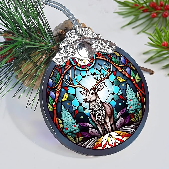 Jocidea Deer Christmas Ornaments, Deer Decor Christmas, Deer Christmas Tree Decorations, Stained Glass Ornament, Gifts for Deer Lovers, Holiday Decorations and Xmas Gifts Ideas