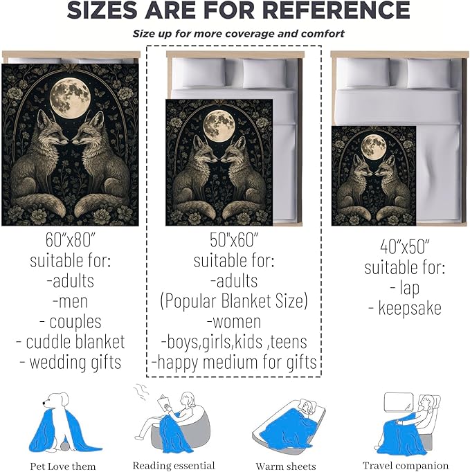 Oertud Fox Gifts, Mystical Fox Moon Theme Flannel Blanket for Adults, Women, Full Moon Night Throw Blankets for Kids, Girls, Travel Camping Sofa Living Room Decor 60x80 in