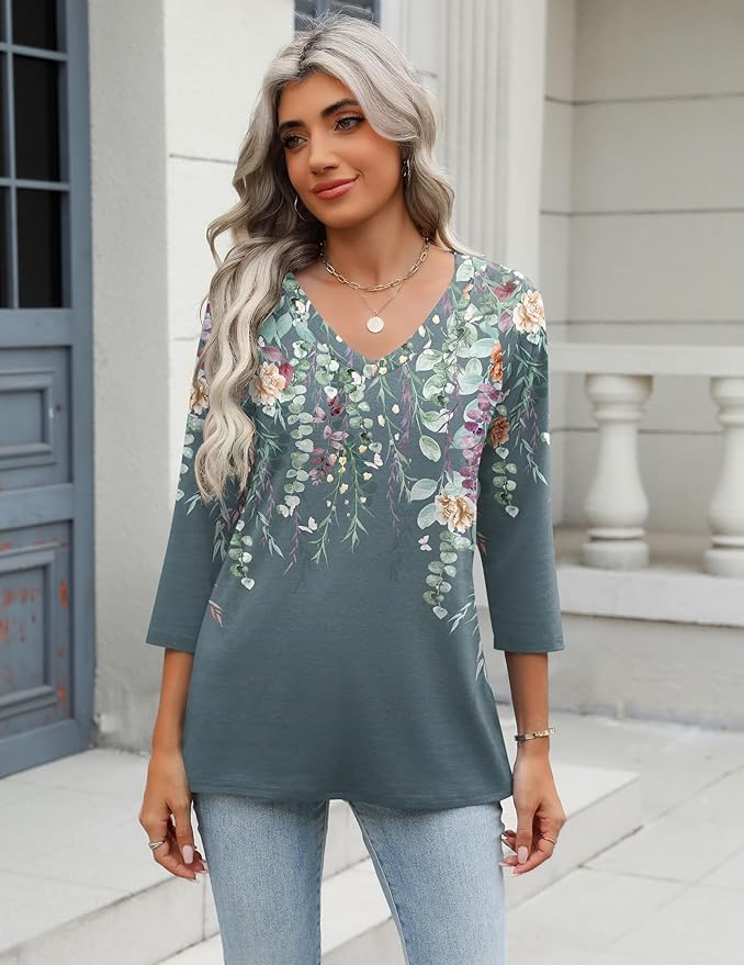 Zeagoo 3/4 Length Sleeve Womens Tops Casual V Neck Shirts Soft Basic Tees Business Work Blouses