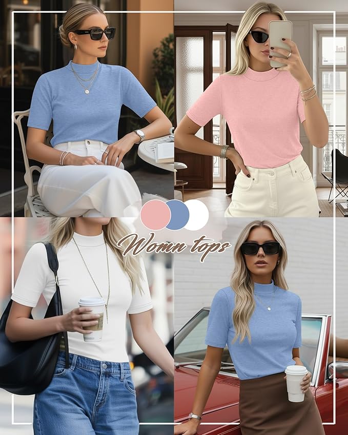 Ficerd 3 Pack Women's 1/2 Sleeve Mock Turtleneck Shirts, Elbow Length Shirt Half Sleeve Tunic Top Casual Summer Basic Tees