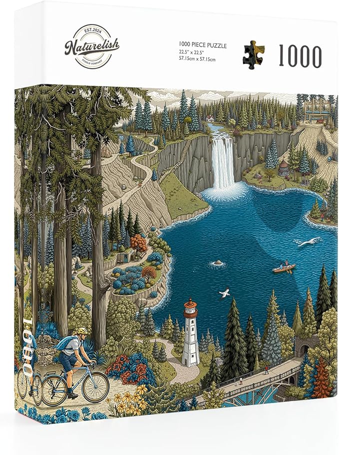 Naturelish 1000-Piece Jigsaw Puzzle for Adults, Oregon Landmarks Scene with Waterfall, Lighthouse, Forest Trail, Challenging & Vibrant Artwork, 22.5 x 22.5 in