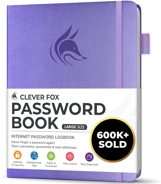 Clever Fox Password Book with alphabetical tabs. Internet Address Organizer Logbook. Large Password Keeper for Website Logins (Lavender)