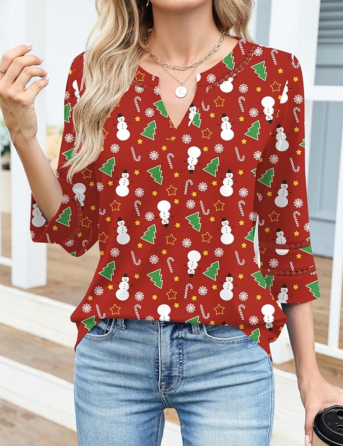 Ivicoer 3/4 Length Sleeve Womens Tops V Neck Lace Embroidered Summer Blouses Loose Fit Tunic Dressy Casual