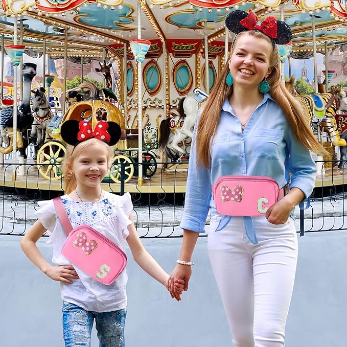 Chenille Initial Letter Bow Mouse Fanny Pack, Waterproof Park Crossbody Bag Christmas Birthday Gifts for Teen Girls Daughter Women Kids Adults, Cute Belt Bag Must Haves for Park Travel (C, Pink)