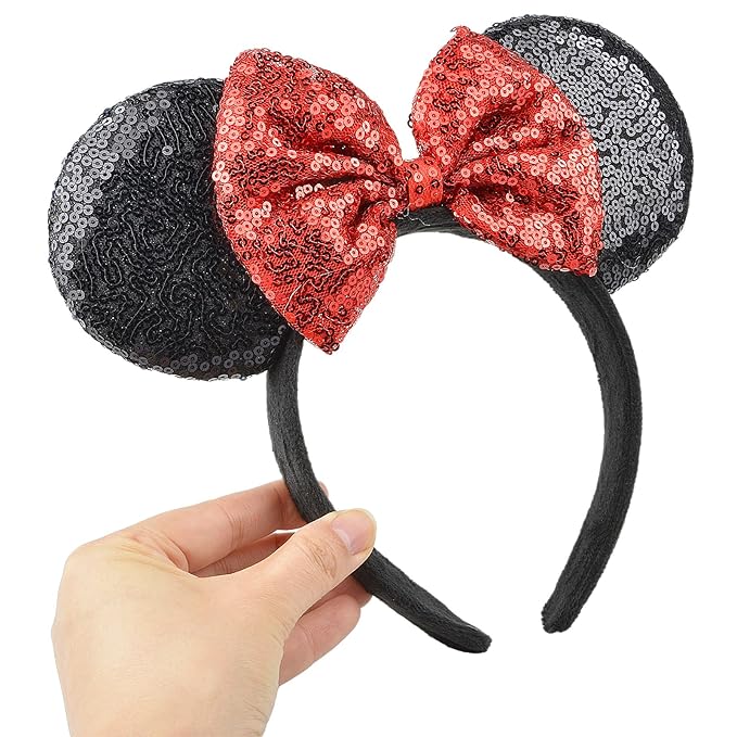 HoveBeaty Mouse Ears Bow Headbands Sequin Hairband Butterfly Glitter Hair Accessories for Girls Women Boys Birthday Cosplay Party Decorations (Red)