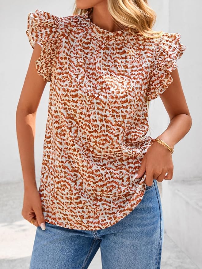 PRETTYGARDEN Women's Ruffle Short Sleeve Summer Tops 2026 Trendy Floral Trim Neck Casual Dressy Chiffon Boho Blouses Shirts